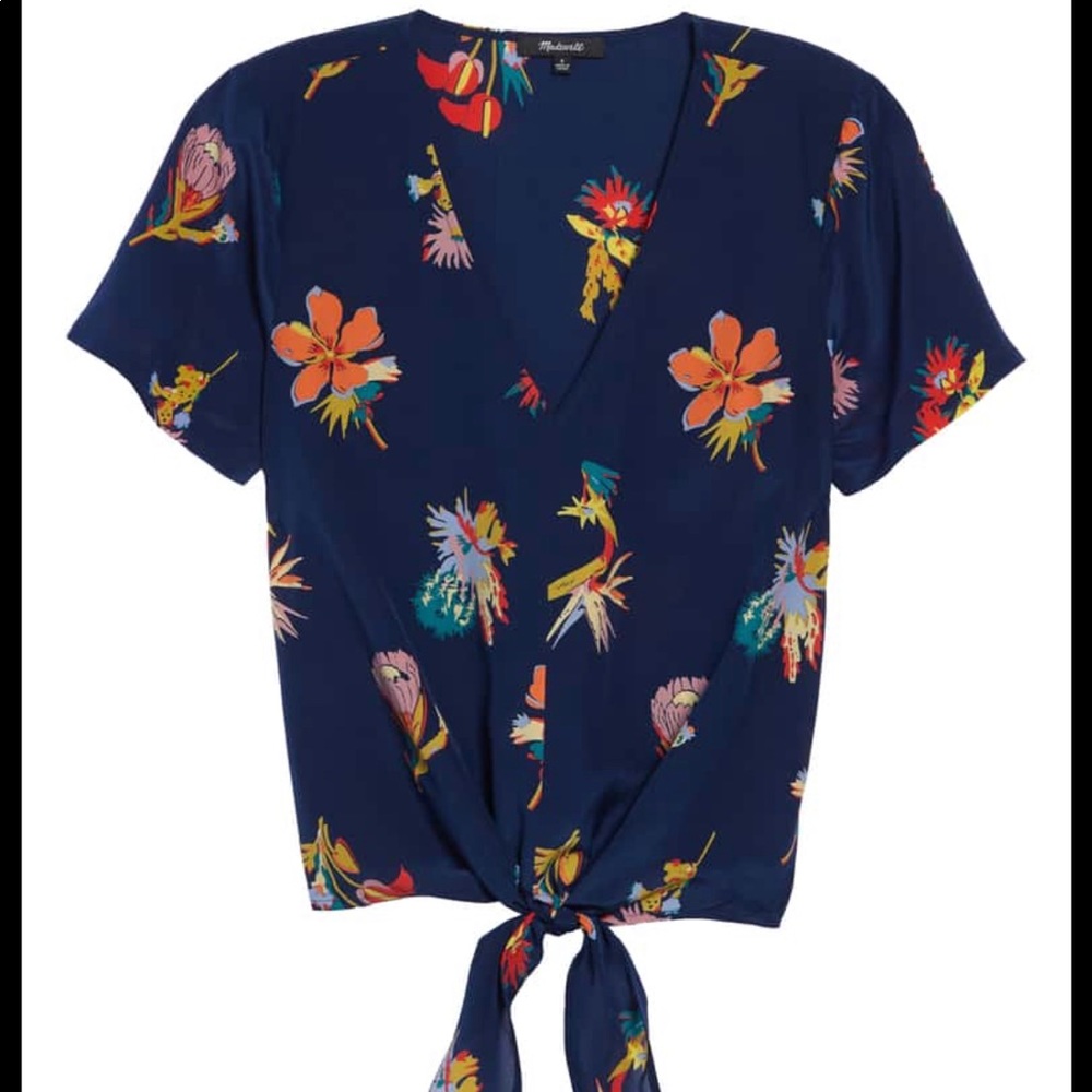 Madewell Navy Floral Tie-Front Blouse